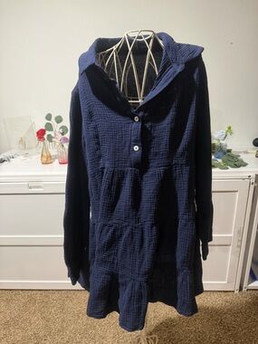 Textured Navy Hooded Tunic Trench Coat